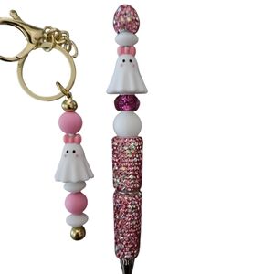 Pink and White Ghost Beaded Keychain and Pen Set